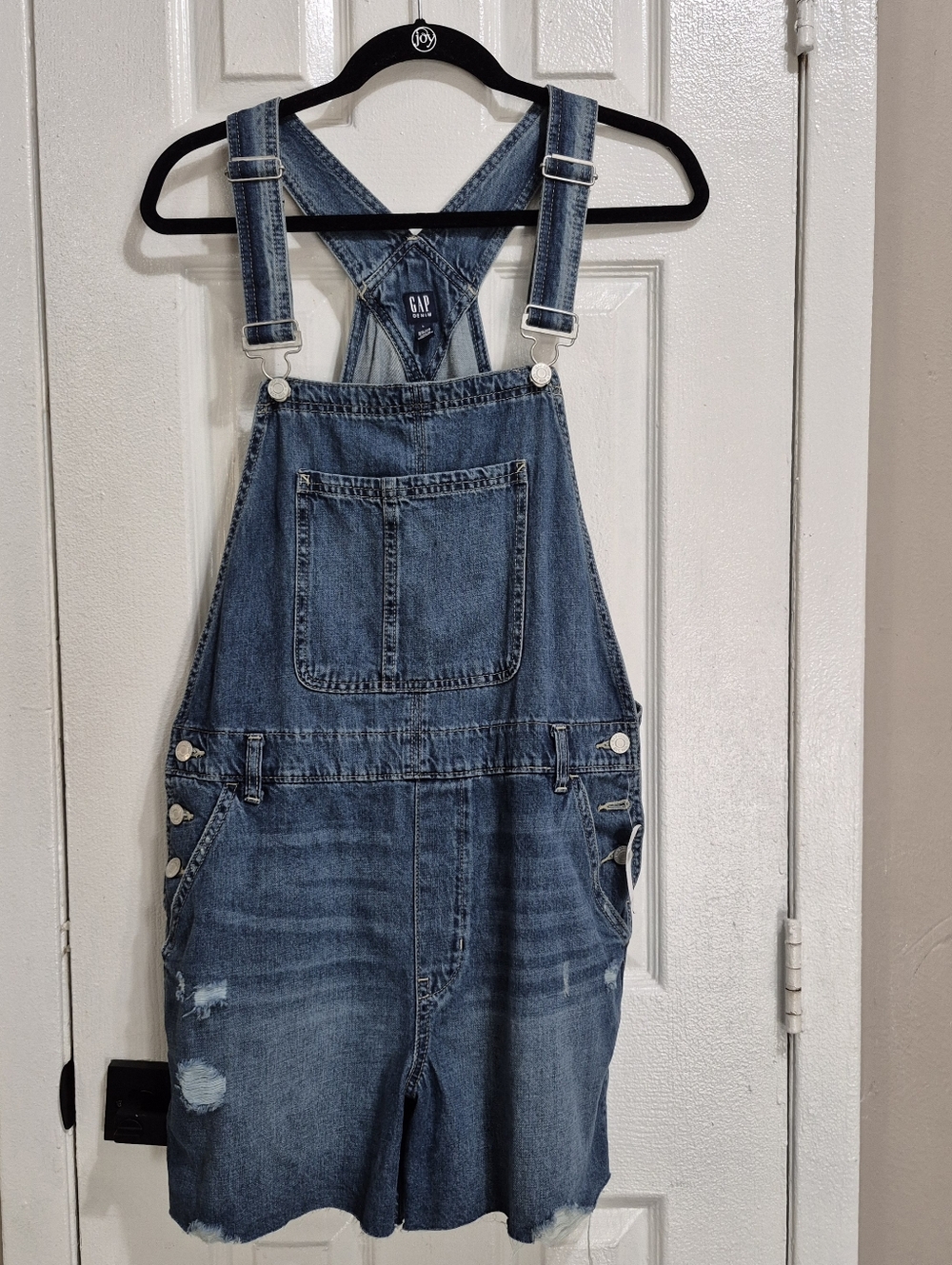 Women's GAP Blue Denim Distressed Overall Shorts L